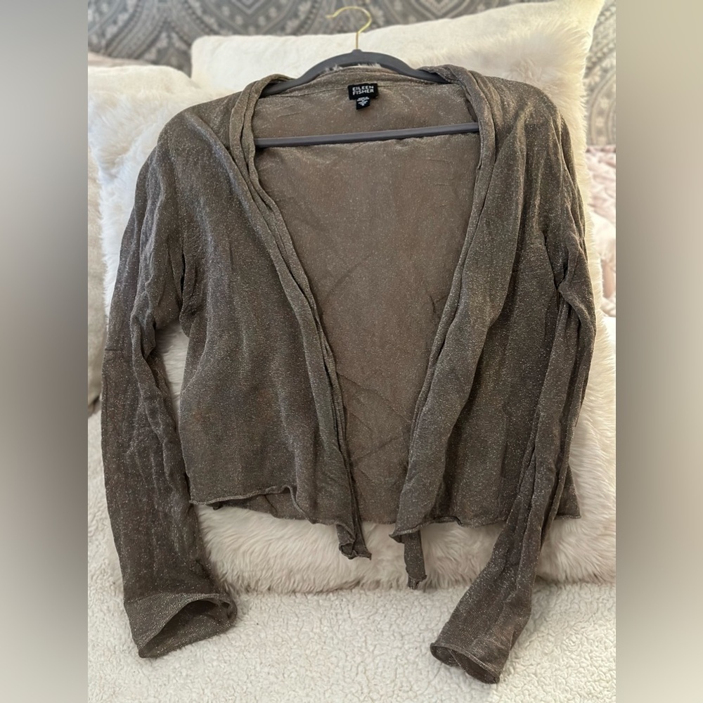 Eileen Fisher Sheer Metallic Gray Cardigan Small